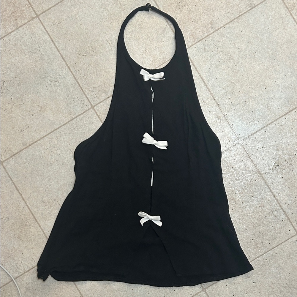 Elegant Black Halter Top with White Bow Accents